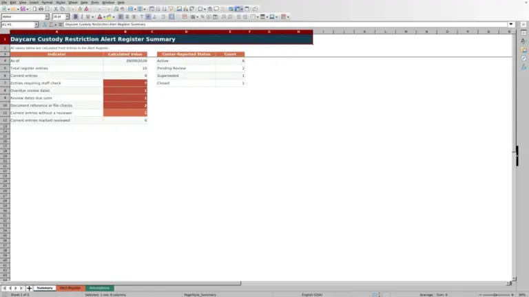 Preview of Daycare Custody Restriction Alert Register Excel Workbook