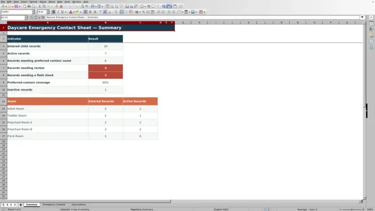 Preview of Daycare Emergency Contact Sheet for Excel