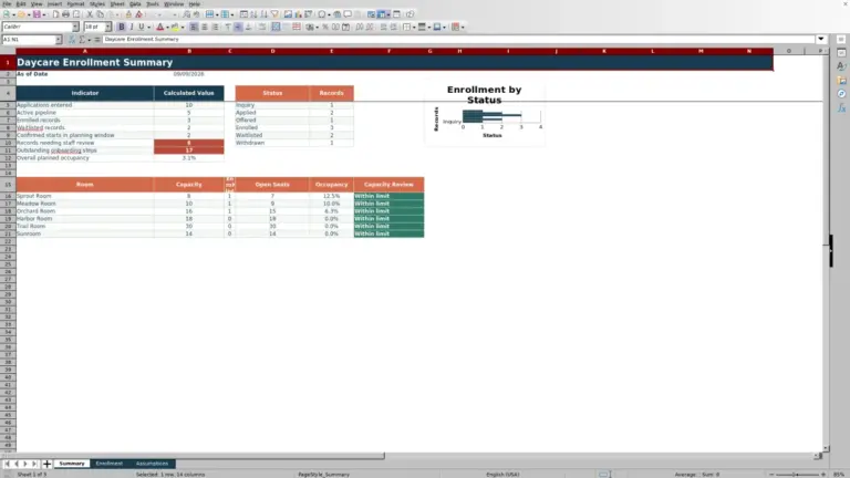Preview of Daycare Enrollment Spreadsheet for Excel | XLSX Template