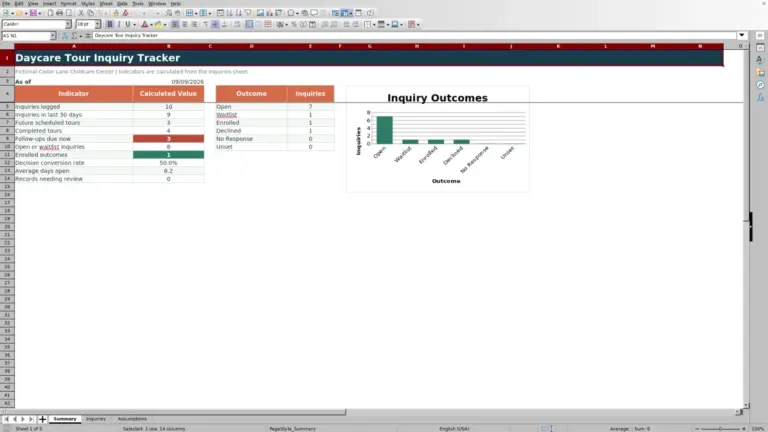 Preview of Daycare Tour Inquiry Tracker Excel Workbook